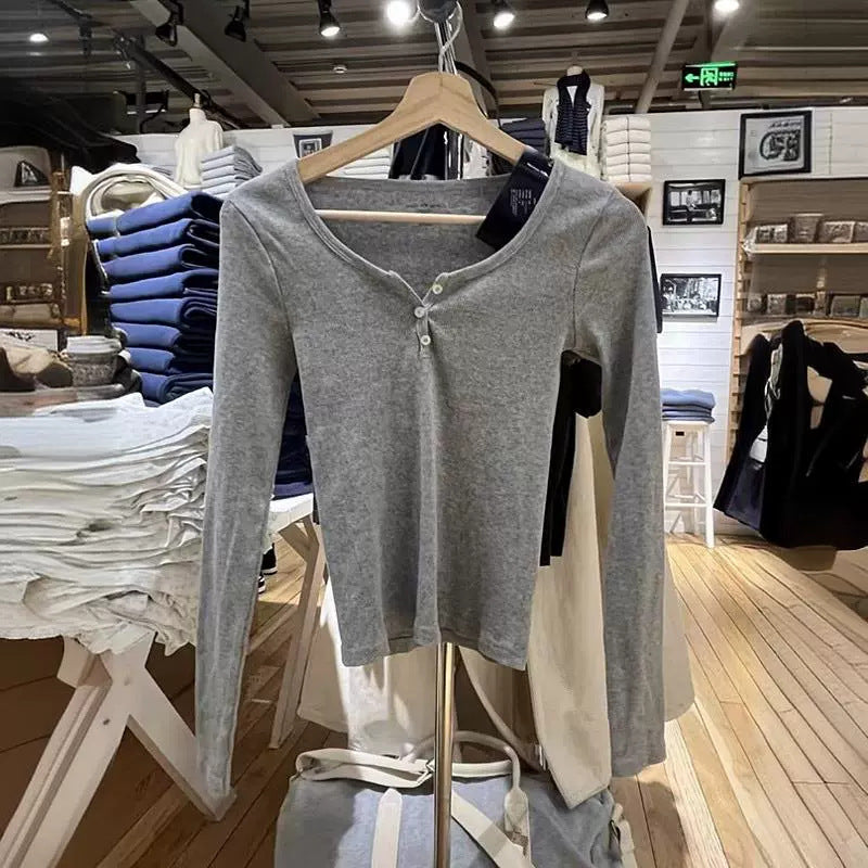 Damen Langärmliges Henley-Shirt Weicher Baumwollmix Norvielle