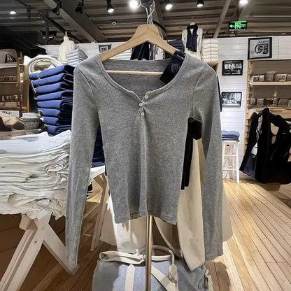 Damen Langärmliges Henley-Shirt Weicher Baumwollmix Norvielle