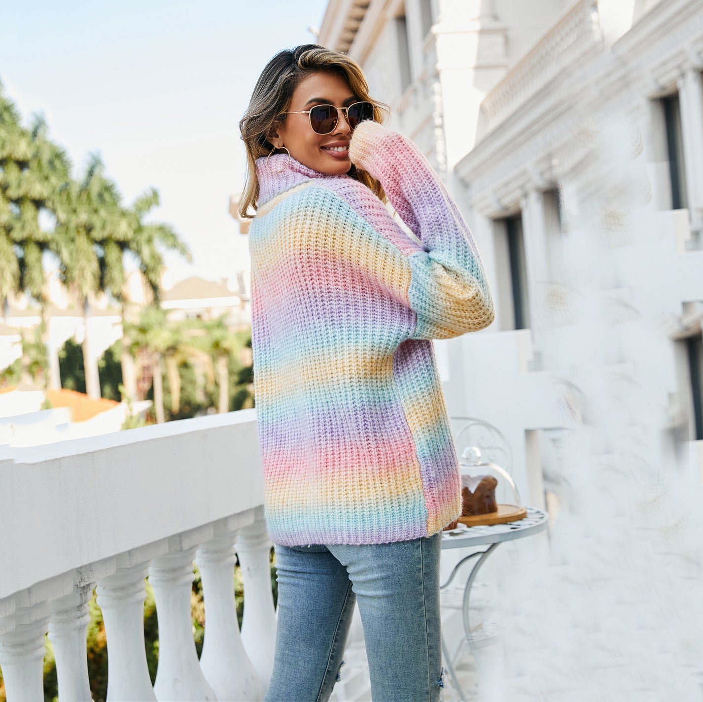 Damen Pullover Weiter Rollkragen Bunt Wellenmuster Norvielle