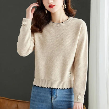 Damen Strickpullover Feine Ribstruktur Modische Knöpfe Norvielle