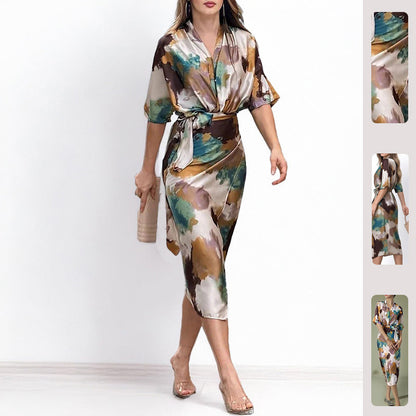 Damen Wickelkleid Kimono-Ärmel Taillengürtel - Norvielle