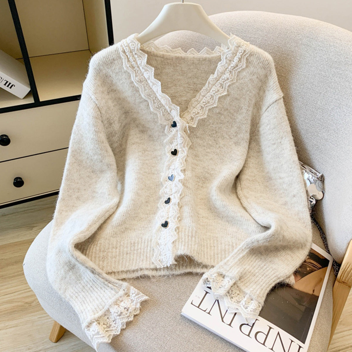 Damen Strickpullover Spitzenverzierung Norvielle