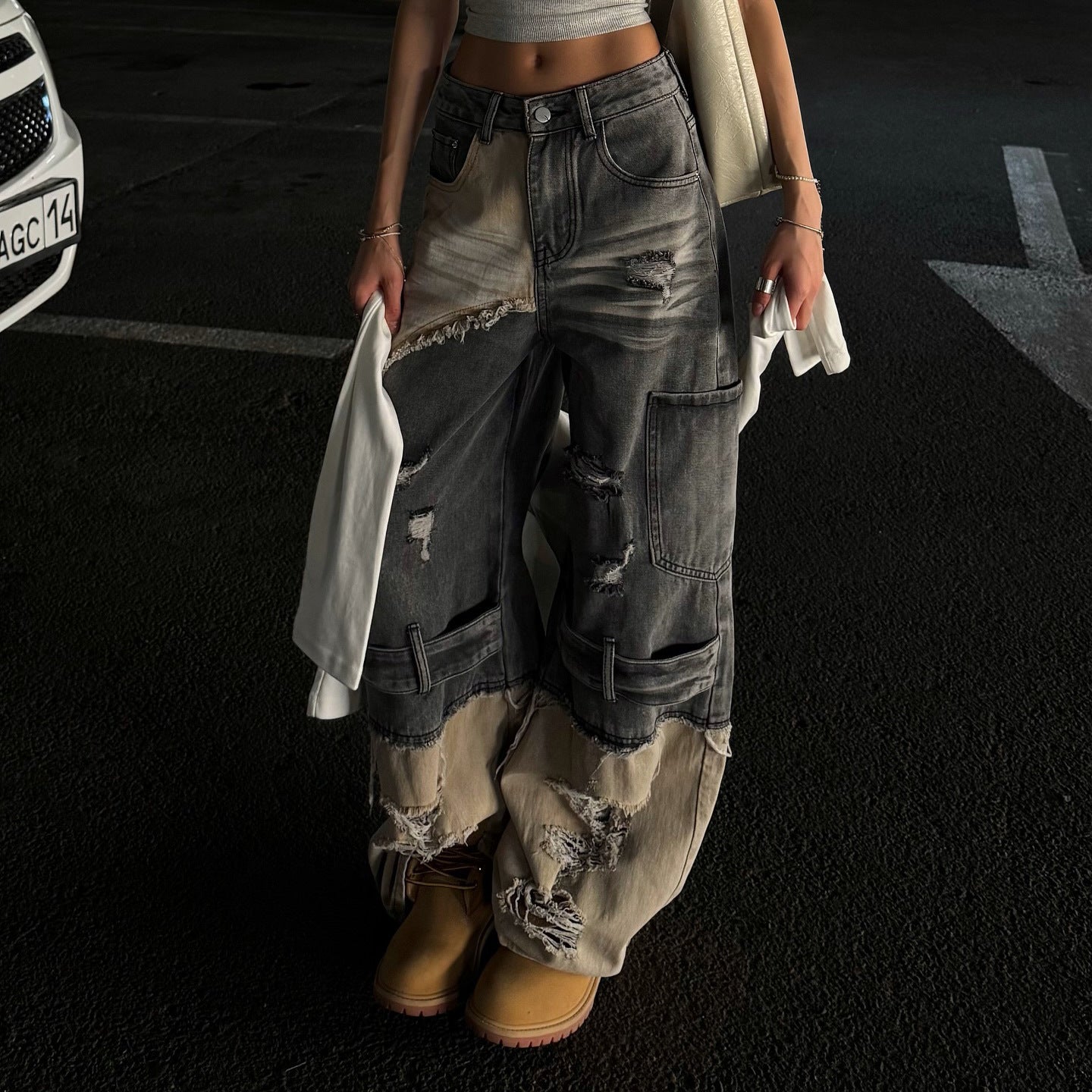 Damen Cargo-Jeans Ausgefranstes Design Tiefes Bein Norvielle