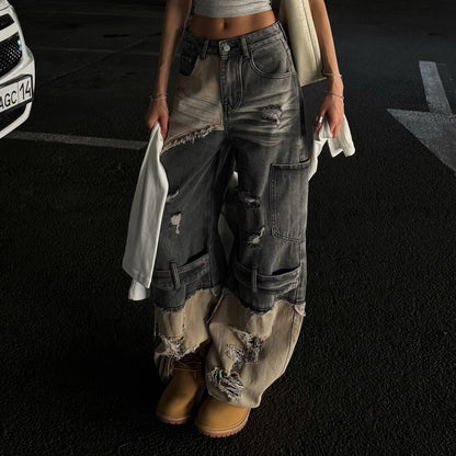 Damen Cargo-Jeans Ausgefranstes Design Tiefes Bein Norvielle