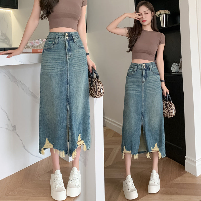 Damen Denimrock Langer Rock mit Seitenschlitz und Fransen Saum