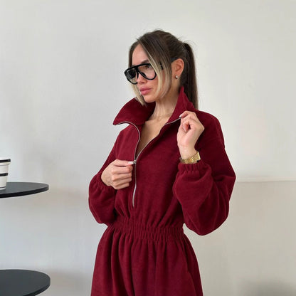 Damen Fleece-Overall Reißverschluss Elastischer Bund