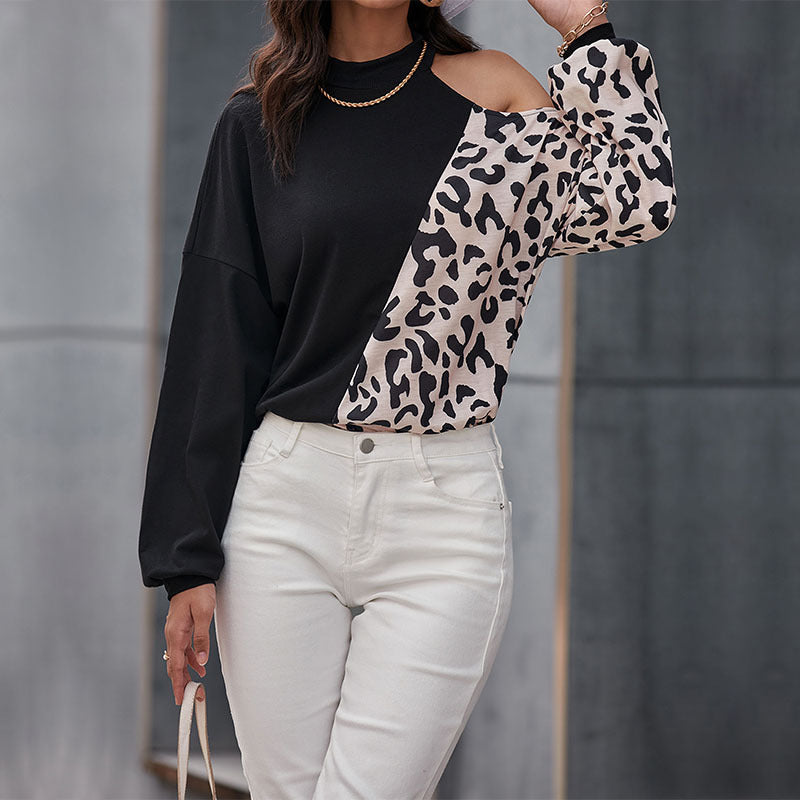 Damen Langarmshirt Leopardenmuster Asymmetrisch Norvielle