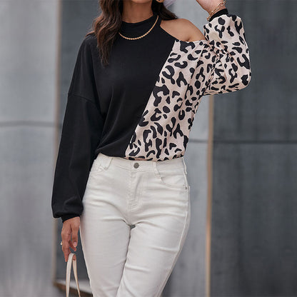 Damen Langarmshirt Leopardenmuster Asymmetrisch Norvielle