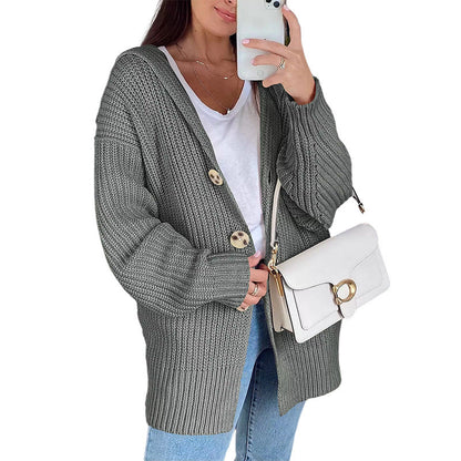 Damen Oversize Strickjacke Weiches Material Holzknöpfe Beige