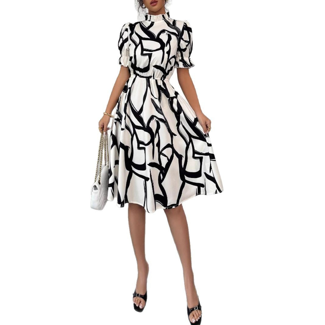 Damen Midi-Kleid Pflanzenmuster Gummizug
