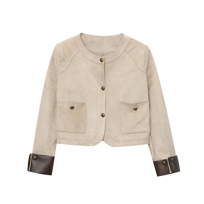 Damen Wildlederjacke Elegante Knopffreie Vorderseite