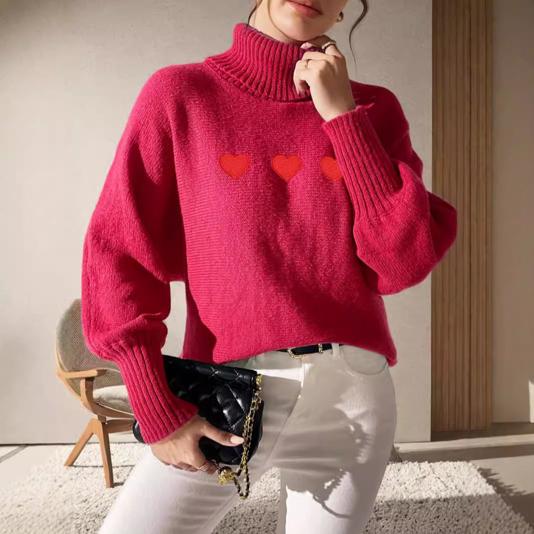 Damen Pullover Hoher Kragen Herzapplikationen Norvielle