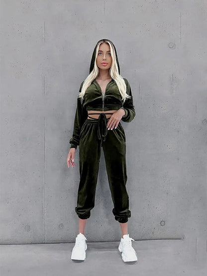 Damen Fleece Trainingsanzug Cropped Hoodie Jogginghosen
