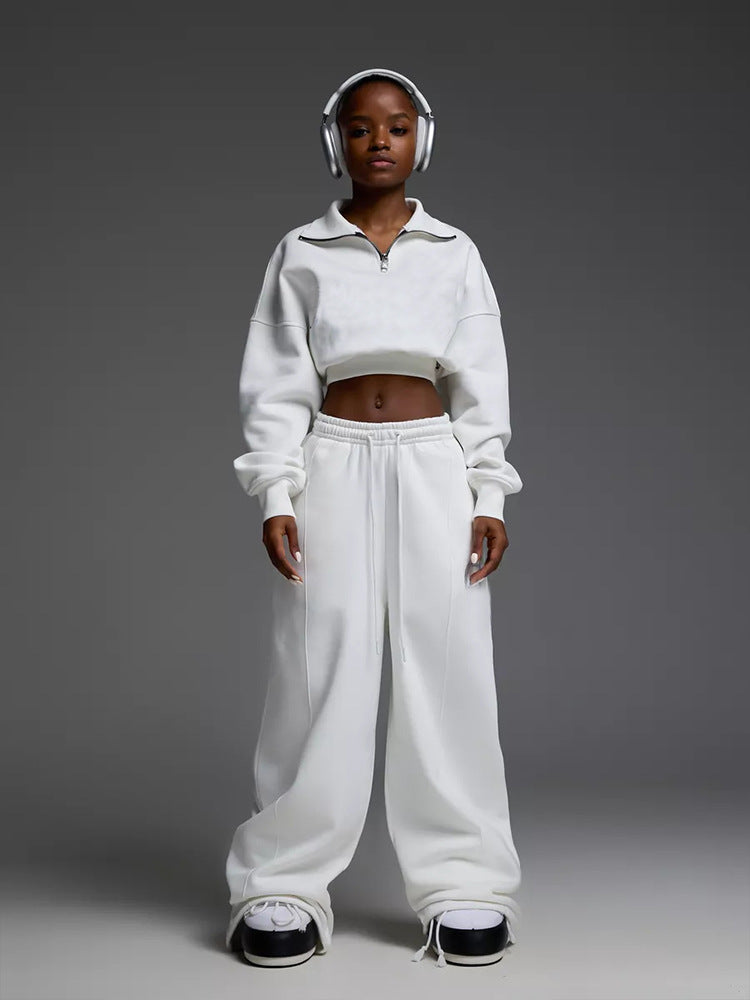 Damen Crop- Set mit hohem Kragen und weiten Hosen