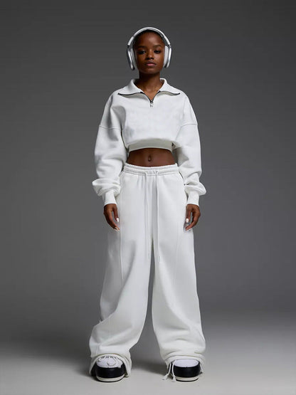 Damen Crop- Set mit hohem Kragen und weiten Hosen