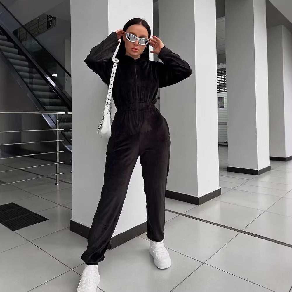 Damen Fleece-Overall Reißverschluss Kapuze Norvielle
