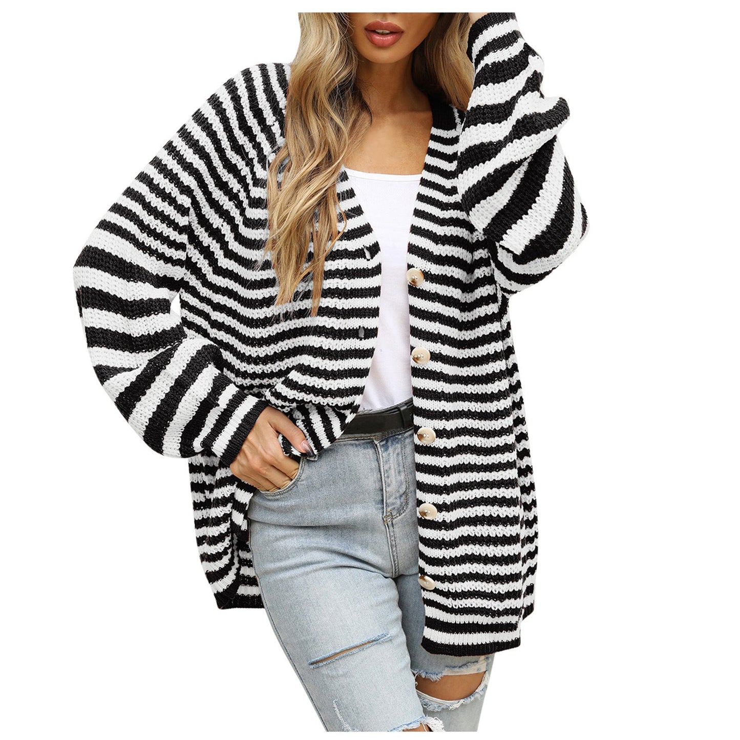 Damen Strickjacke Breites Streifenmuster Knopf Norvielle