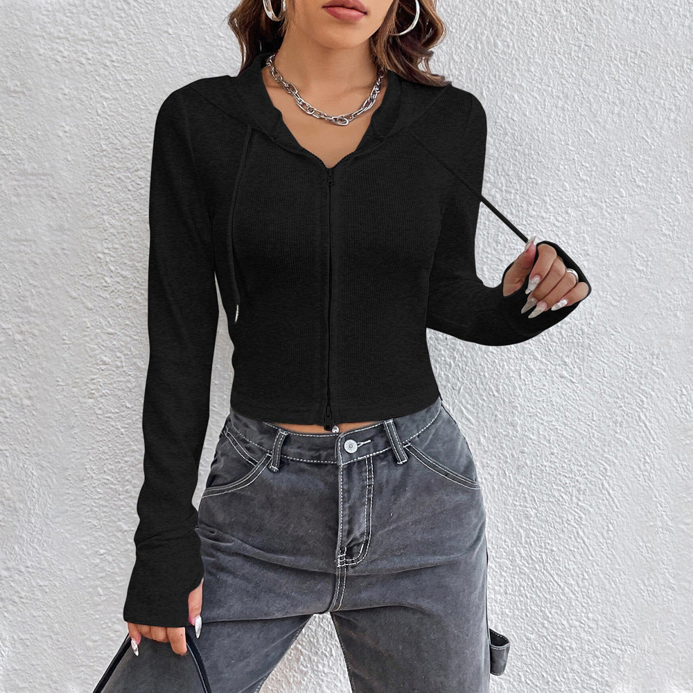 Damen Cropped Hoodie Kapuzenpullover mit Reißverschluss Schwarz - Norvielle