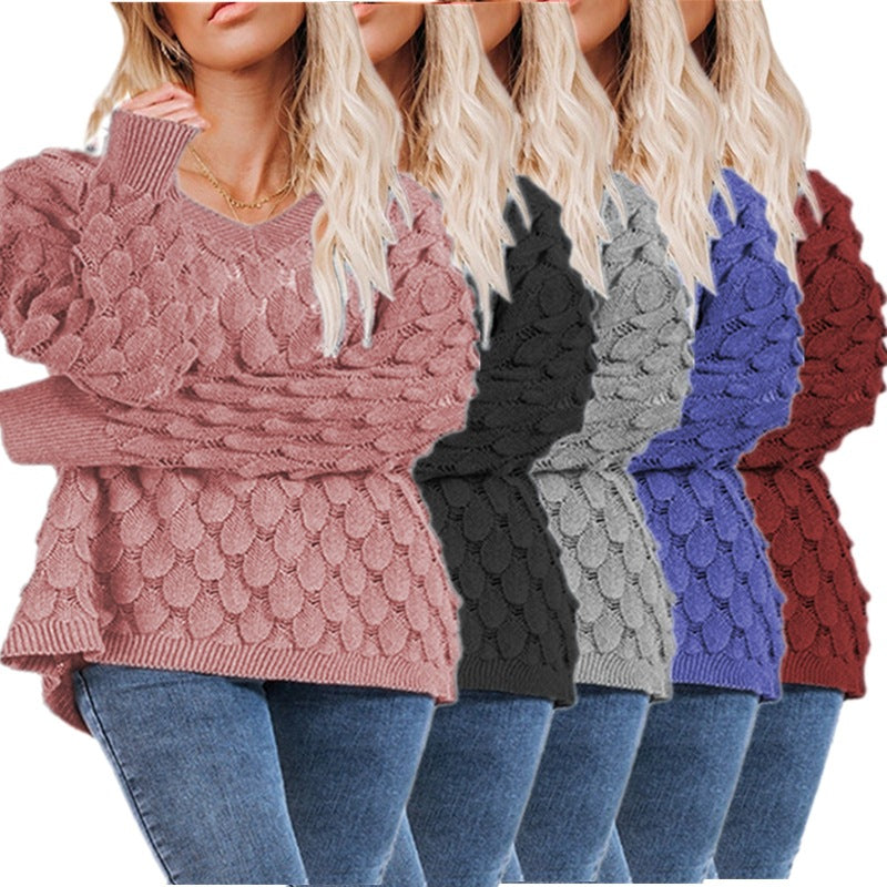 Damen Grobstrickpullover V-Ausschnitt Wellenmuster Norvielle - Norvielle
