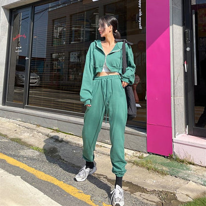 Damen Sportliches Zweiteiler-Set Cropped Kapuzenjacke Jogginghose