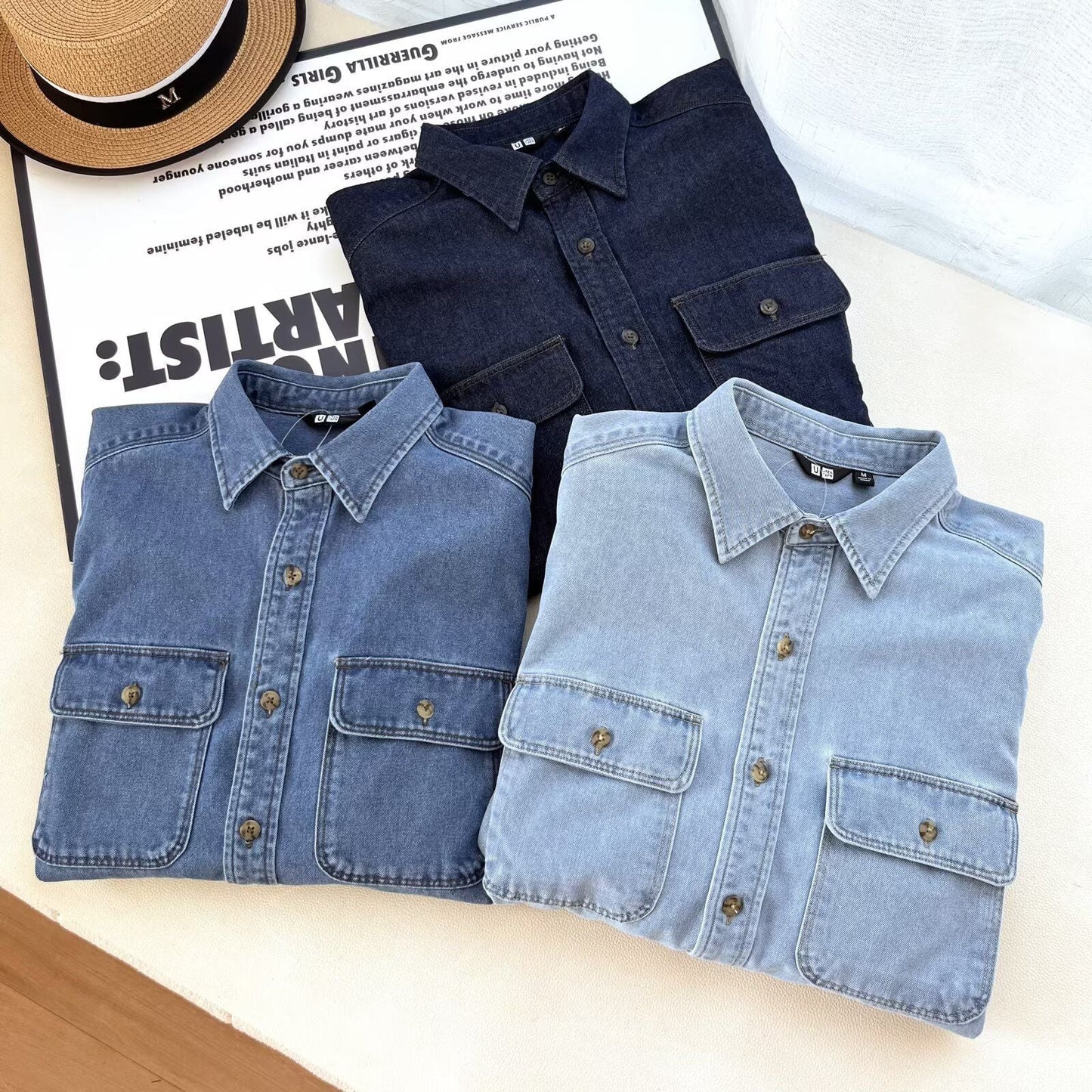 Damen Denim-Hemdbluse Lässig mit Brusttaschen
