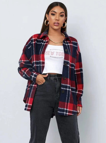 Damen Hemdjacke Karo Weiches Fleece Lässiger Schnitt