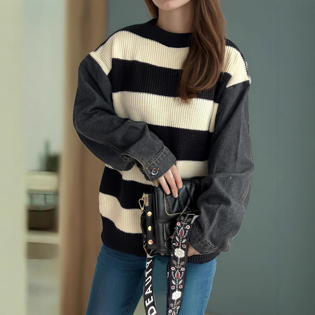 Damen Oversized Pullover Gestreift Weicher Baumwollmix Beige