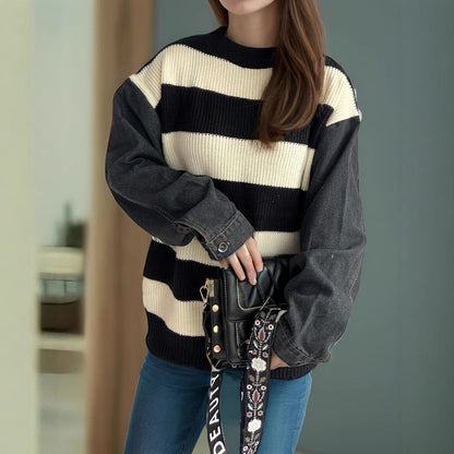 Damen Oversized Pullover Gestreift Weicher Baumwollmix Beige