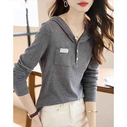 Damen Hoodie Lässig Knopfleiste Dekorative Brusttasche Norvielle