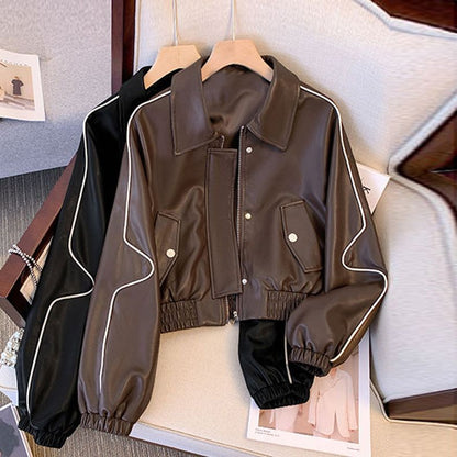 Damen Lederlook Kurzjacke Kontrastnähte
