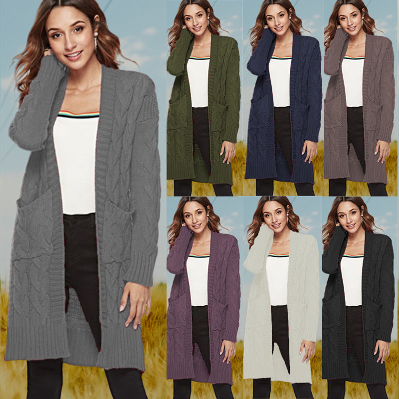 Damen Grobstrick Cardigan Zopfmuster Taschen Beige - Norvielle