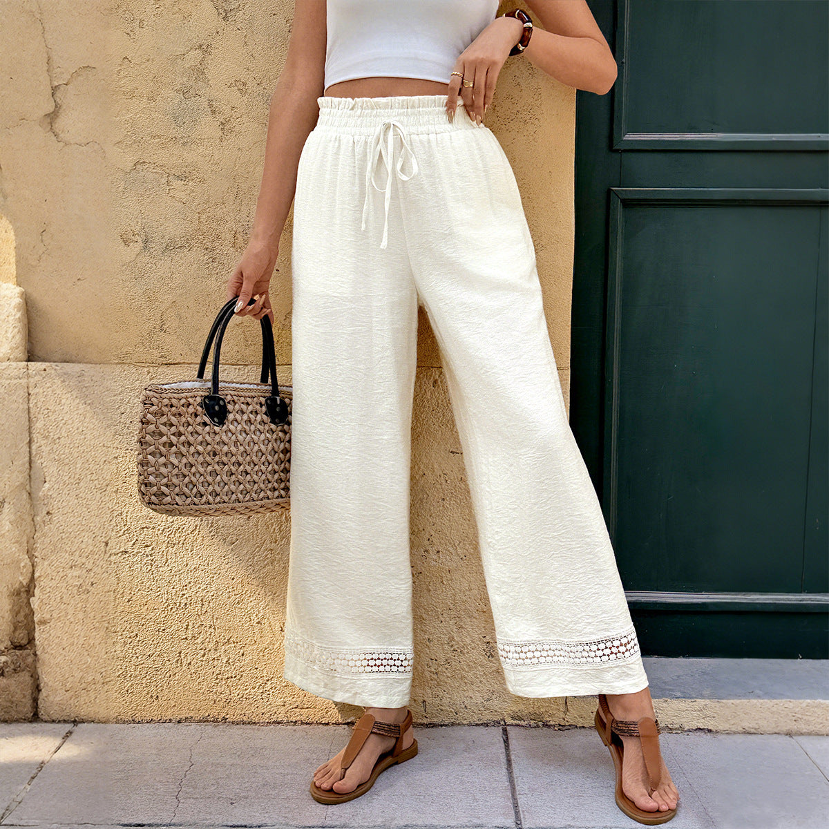 Damen Leinenhose Weit Elastischer Bund Häkelbordüre Beige