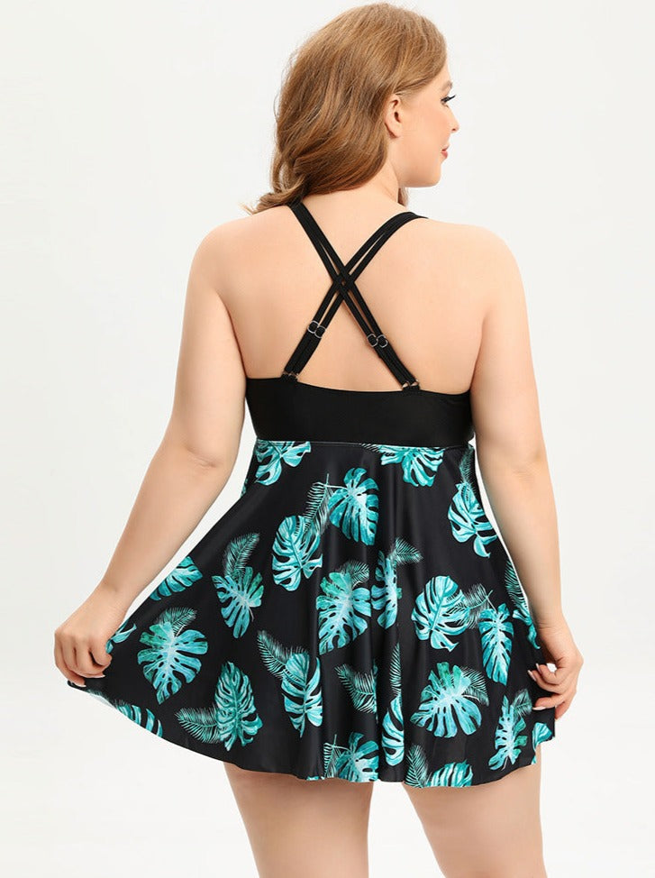 Norvielle Damen Badeanzugkleid Plus Size V-Ausschnitt mit Kreuzträgern