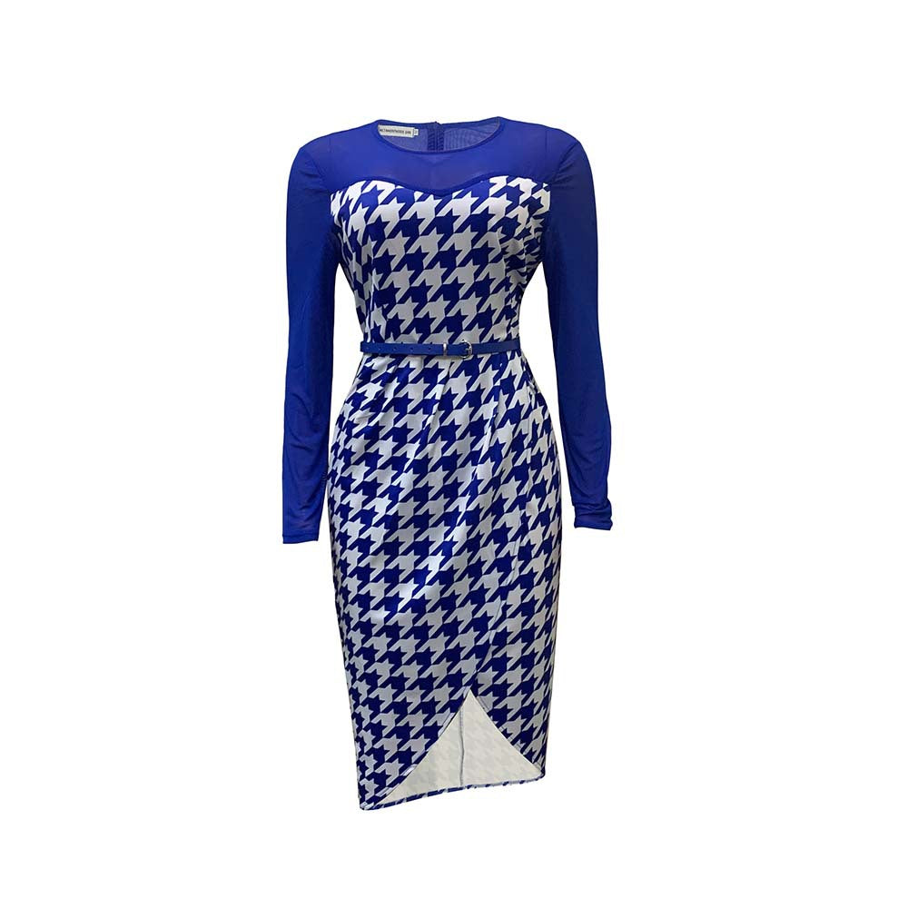 Damen Kleid Langarm Hahnentritt-Design