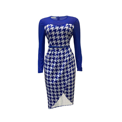Damen Kleid Langarm Hahnentritt-Design