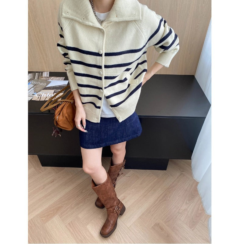Damen Strickjacke Streifenmuster Kragen Beige