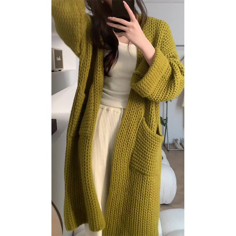Damen Grobstrick Cardigan Offene Taschen Lässig Beige