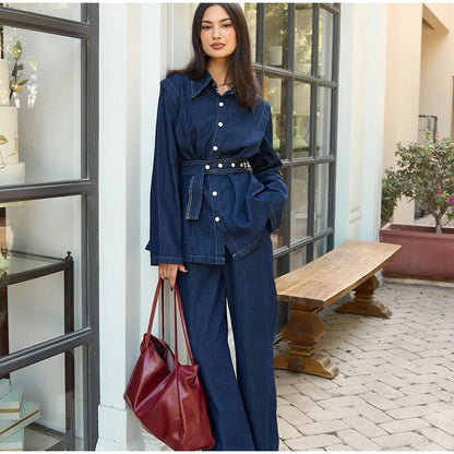 Damen Denimjacke mit Taillengürtel Blau - Norvielle