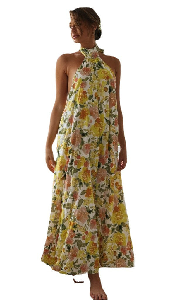 Damen Maxikleid Elegantes Halterneck Mit Taschen
