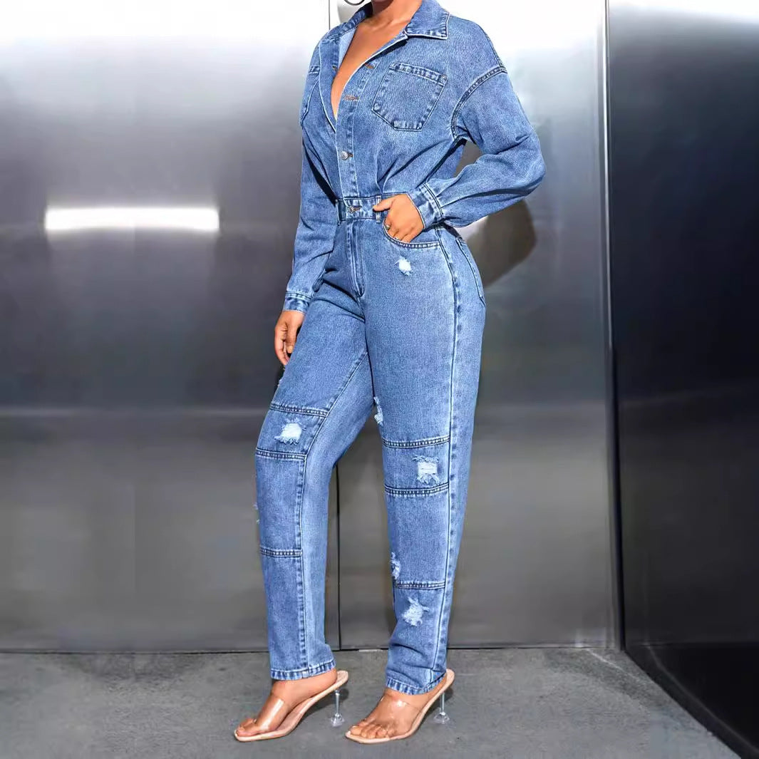 Damen Jeansoverall Tailliert Destroyed