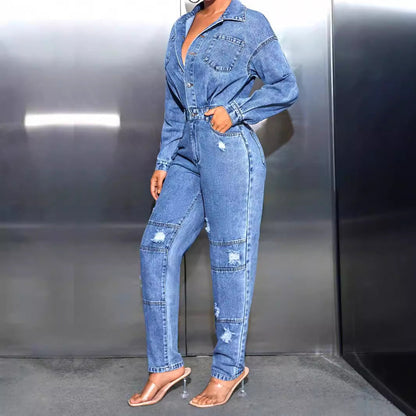 Damen Jeansoverall Tailliert Destroyed