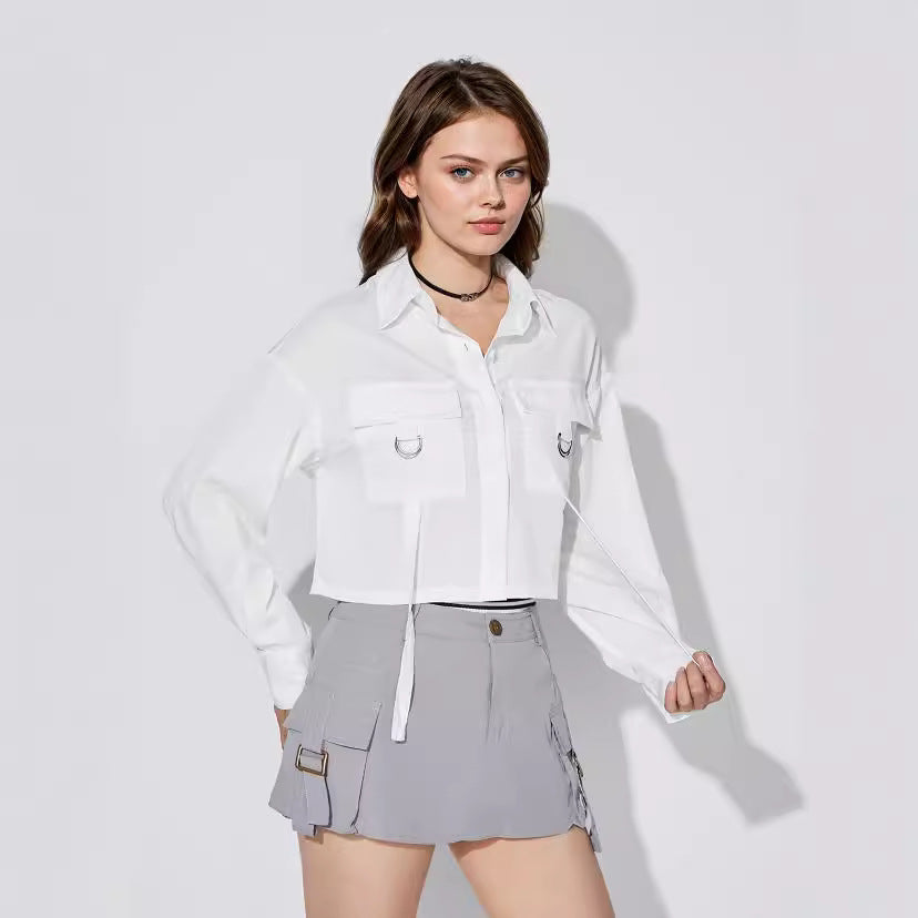 Damen Cropped Hemdbluse mit Taschen Modern