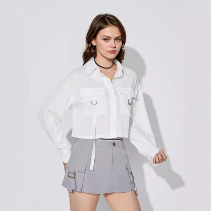 Damen Cropped Hemdbluse mit Taschen Modern