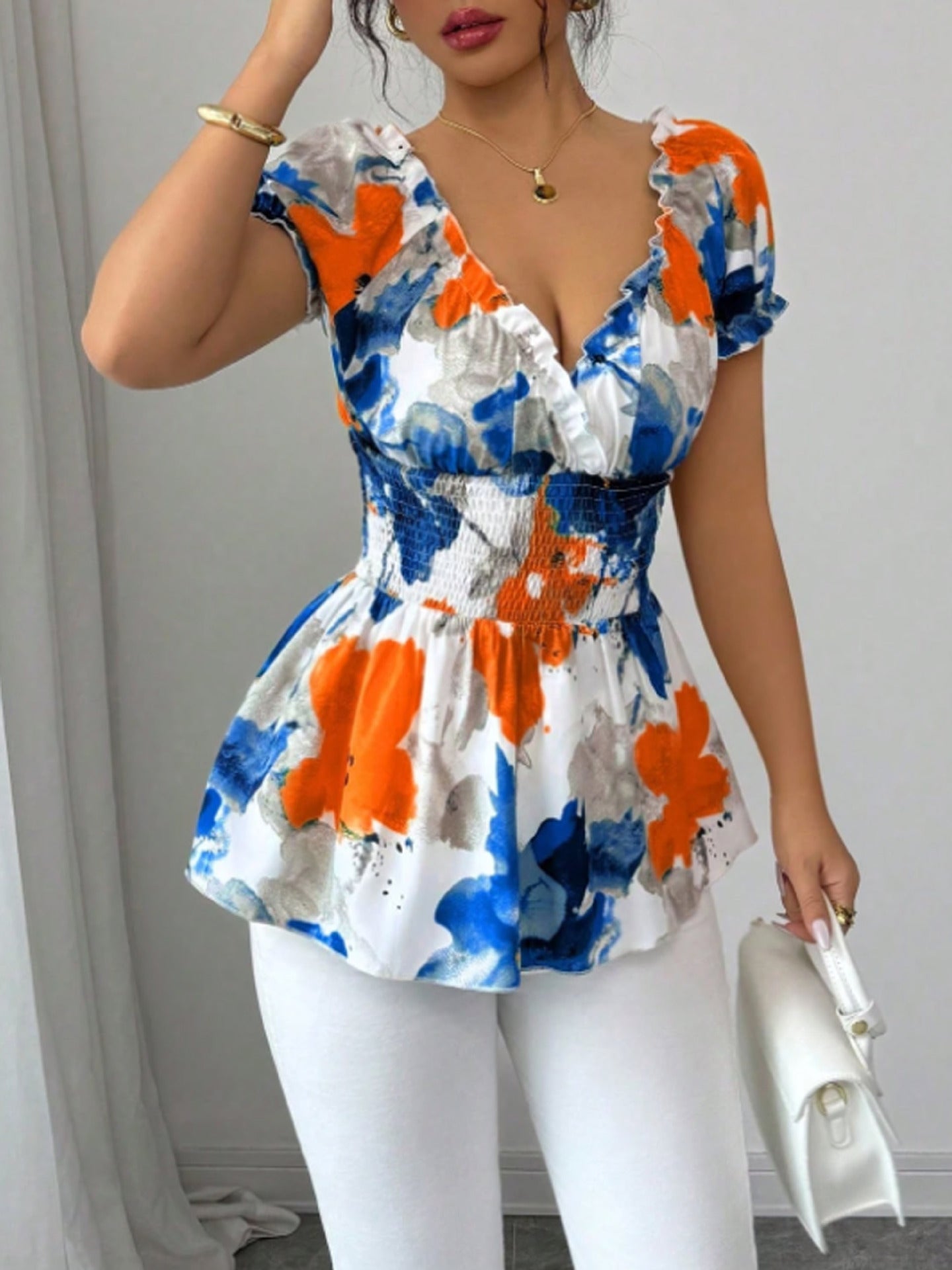 Damen Bluse Elastisch Rüschen Blume Weiss