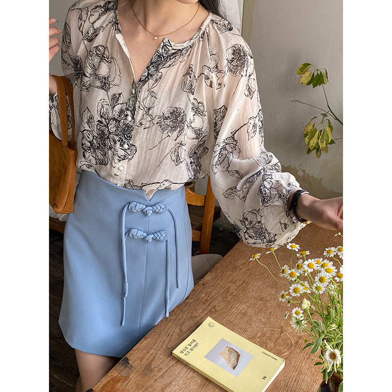 Damen Bluse Floralmuster Knopfdetails Norvielle