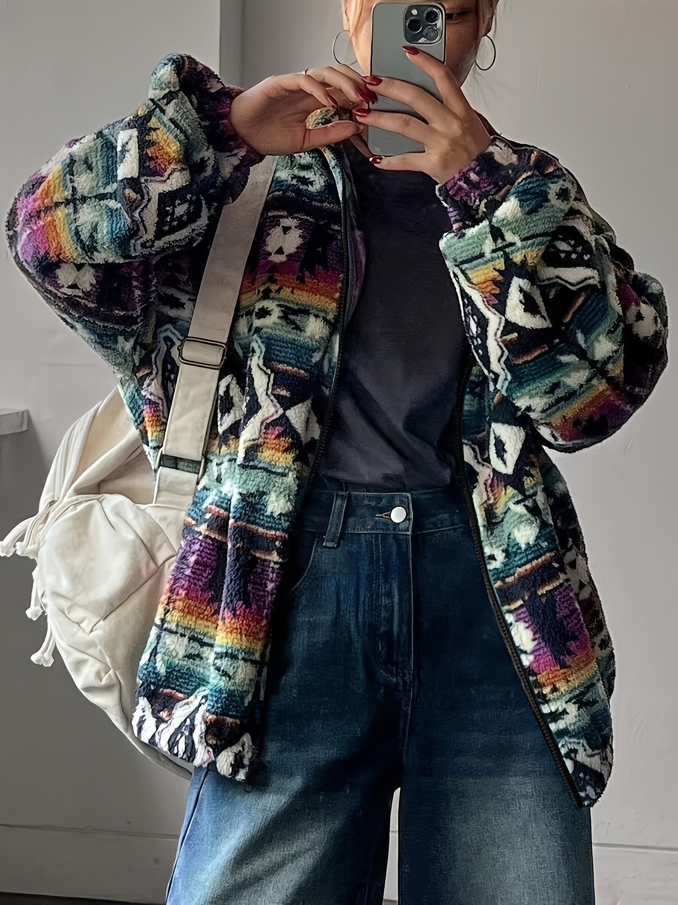 Damen Fleecejacke Bunt Ethno-Muster Weich Norvielle