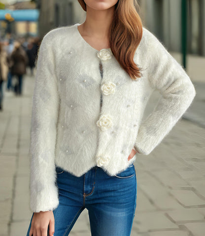 Damen Strickjacke Blumenapplikationen Perlenakzente Norvielle