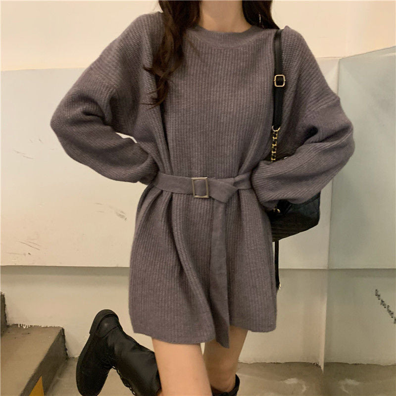 Damen Strickkleid mit Taillengürtel und feiner Ribstruktur
