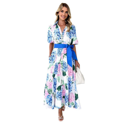 Damen Maxikleid Floralmuster Taillengürtel Weicher Stoff Beige