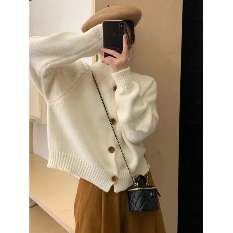 Damen Strickjacke Lässig Kontrastknöpfe Beige